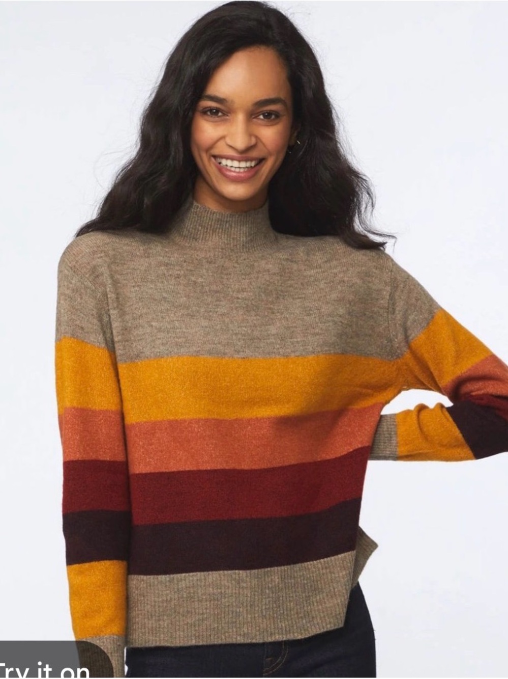 beachlunchlounge Striped Mock Neck Sweater in Mustard, Rust, Burgundy & Taupe
